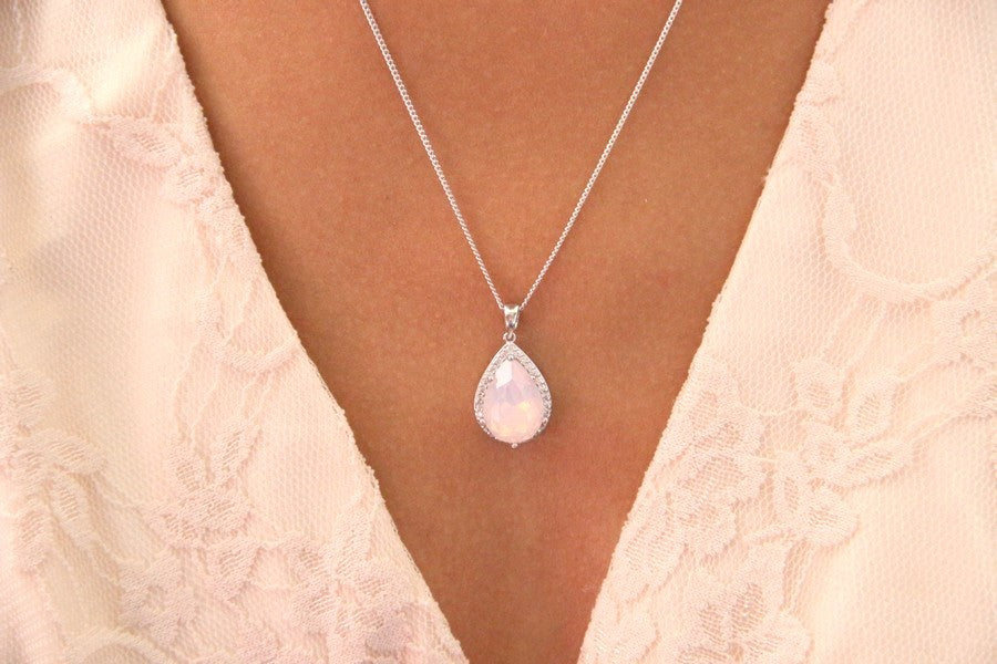 Rosalinda rose opal collier pendentif mariée goutte en cristal et oxyde de zirconium, collier mariage, bijoux mariage