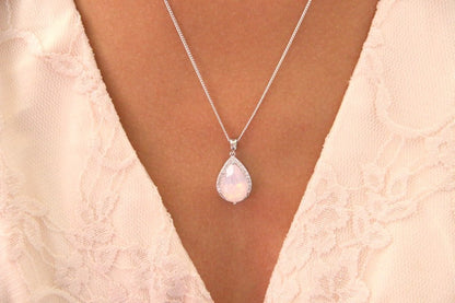 Rosalinda rose opal collier pendentif mariée goutte en cristal et oxyde de zirconium, collier mariage, bijoux mariage