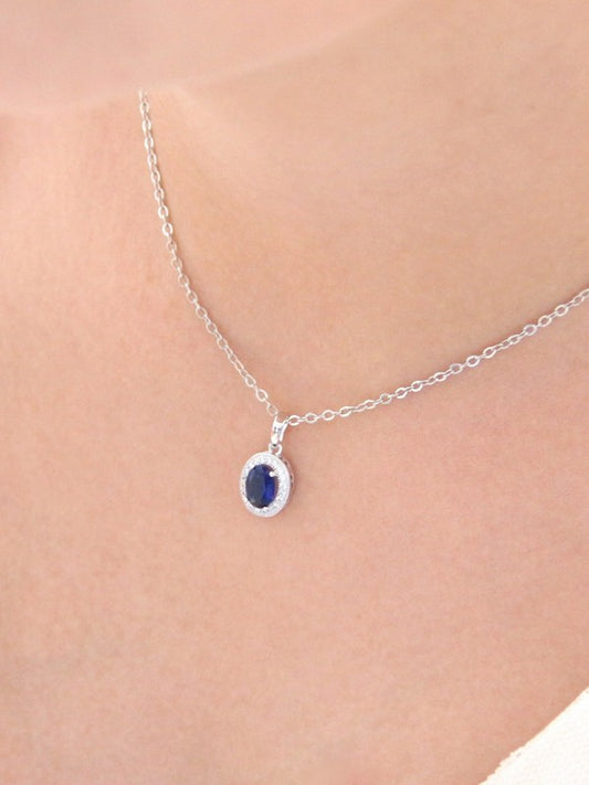 Pendentif collier de mariage ovale bleu saphir en zirconiums finitions rhodiées