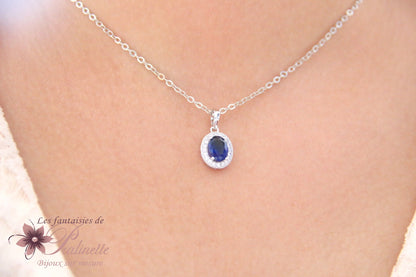 Pendentif collier de mariage ovale bleu saphir en zirconiums finitions rhodiées