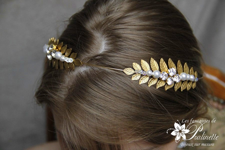 Couronne de mariage deux branches de feuilles de laurier dorées rebrodées de cristal
