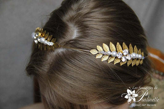 Couronne de mariage deux branches de feuilles de laurier dorées rebrodées de cristal