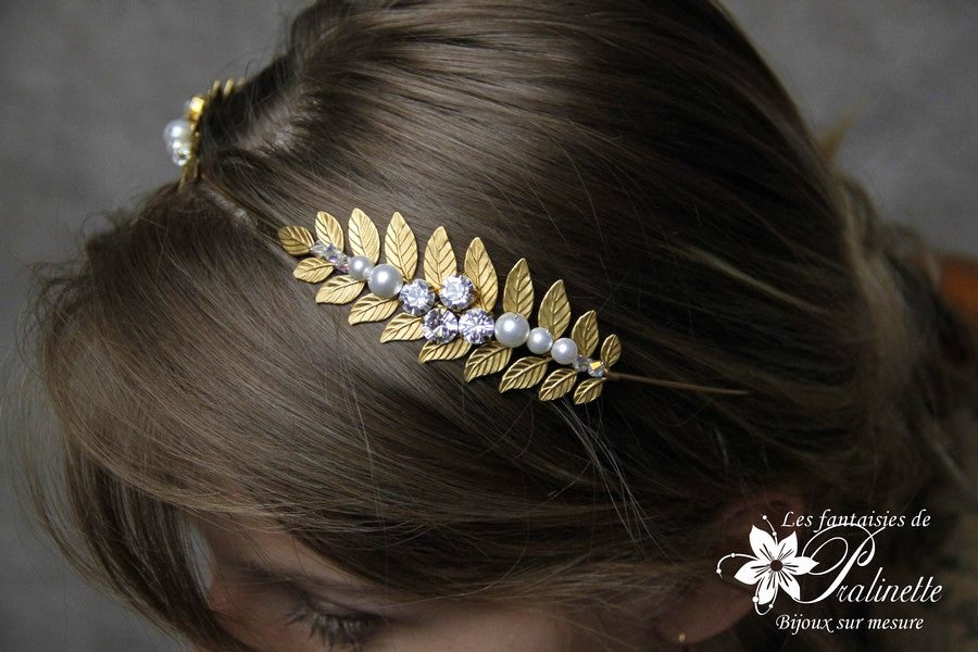 Couronne de mariage deux branches de feuilles de laurier dorées rebrodées de cristal