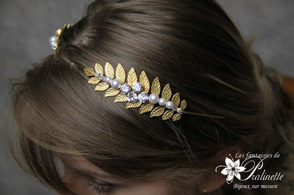 Couronne de mariage deux branches de feuilles de laurier dorées rebrodées de cristal