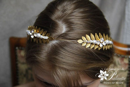 Couronne de mariage deux branches de feuilles de laurier dorées rebrodées de cristal