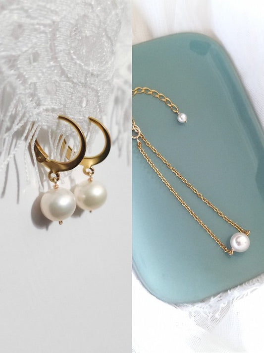 Parure bijoux mariage boucles d'oreilles et bracelet perles de culture