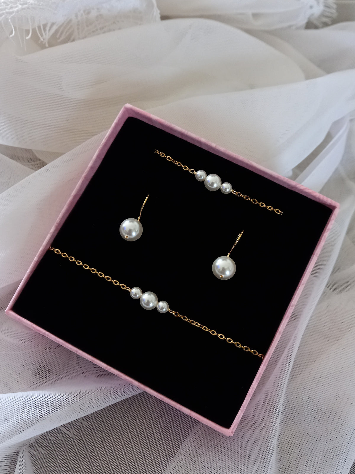 PARURE DE MARIAGE Jules - Collier de dos, bracelet trio de perles, boucles d'oreilles