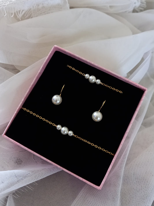 PARURE DE MARIAGE Jules - Collier de dos, bracelet trio de perles, boucles d'oreilles