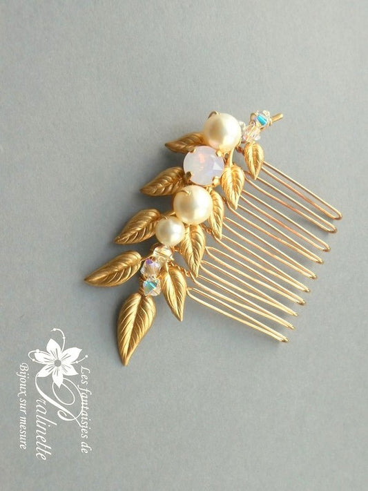 Peigne mariage Yanina branchage feuilles dorées