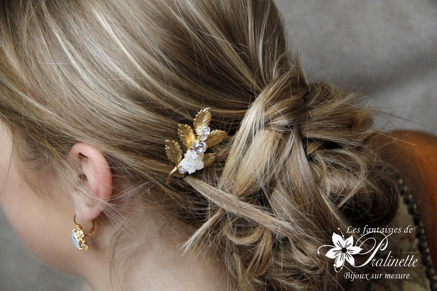 Peigne mariage Lila branchage doré rebrodé nacre et cristal