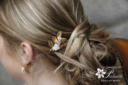 Peigne mariage Lila branchage doré rebrodé nacre et cristal