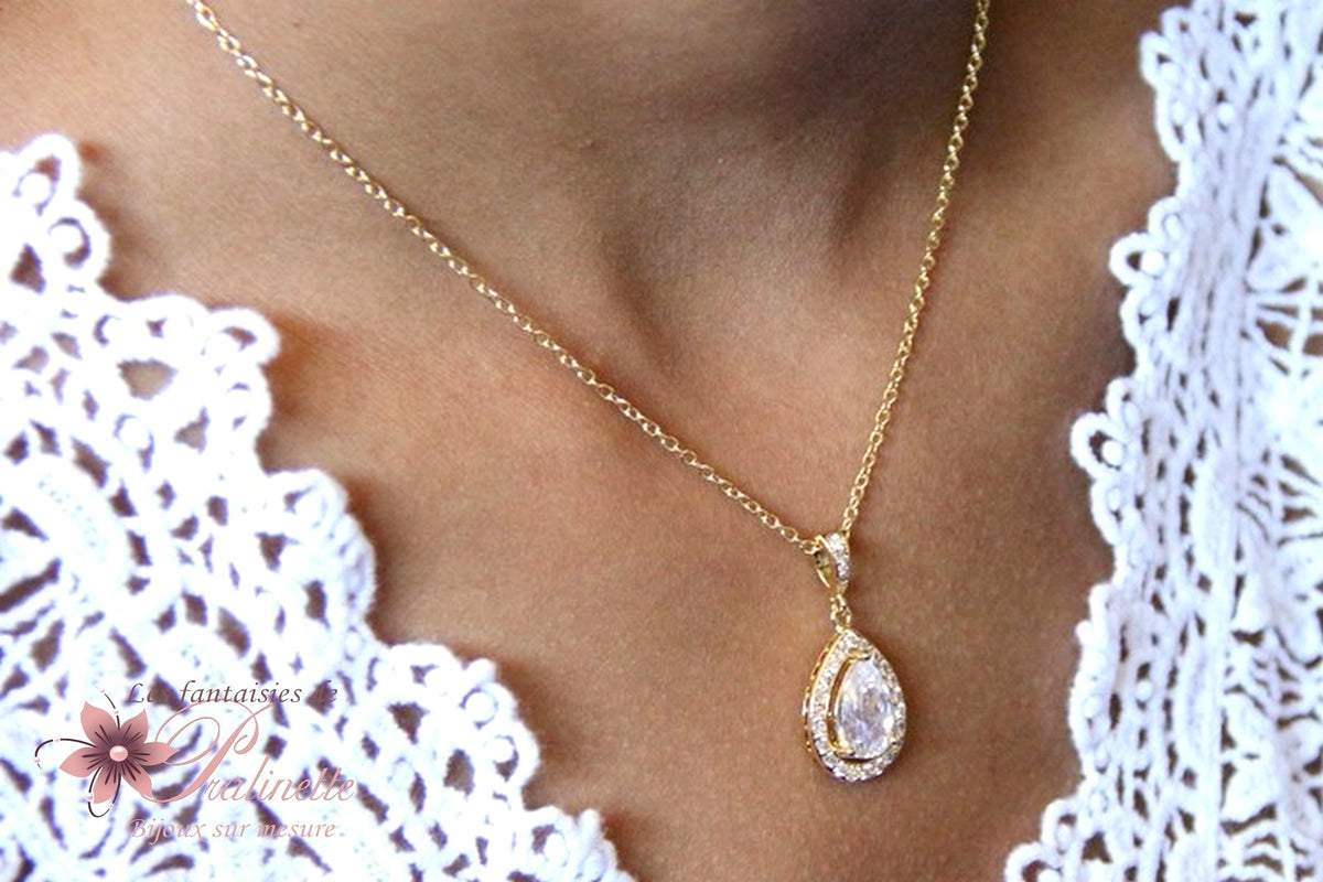Malia pendentif collier de mariage doré zirconium et strass sur fine chaine