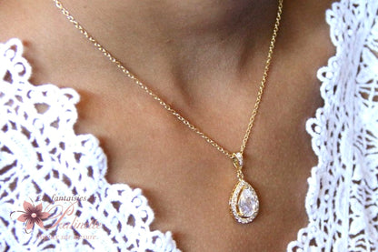 Malia pendentif collier de mariage doré zirconium et strass sur fine chaine
