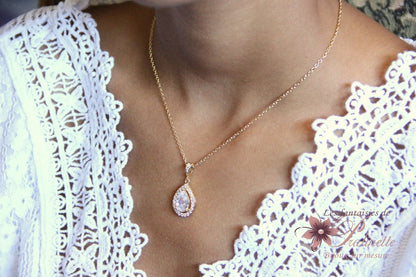 Malia pendentif collier de mariage doré zirconium et strass sur fine chaine