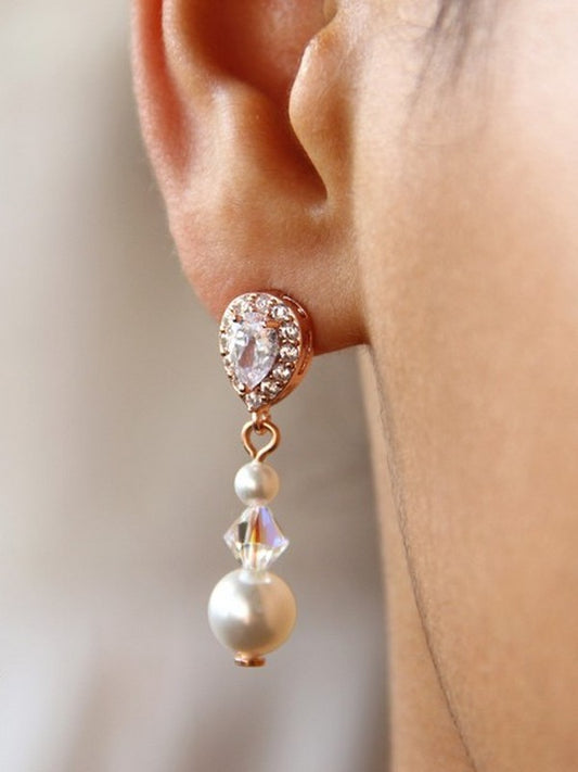 Clous boucles d'oreilles mariées rose gold en zirconium et perles - Prêt à porter