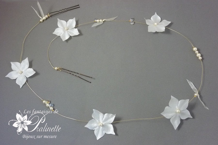 Vigne cheveux mariage, Fil à torsader pour coiffure parsemé de fleurs en satin de soie