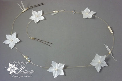 Vigne cheveux mariage, Fil à torsader pour coiffure parsemé de fleurs en satin de soie