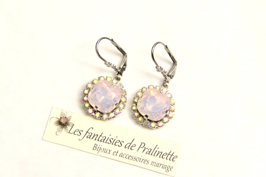 Boucles d'oreilles en crital rose opal et strass Lovely