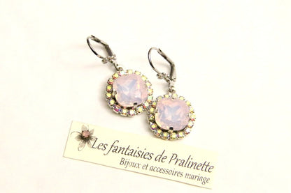 Boucles d'oreilles en crital rose opal et strass Lovely