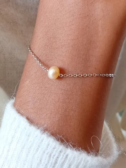 Bracelet Nilé perle d'eau douce pêche et acier inoxydable argenté