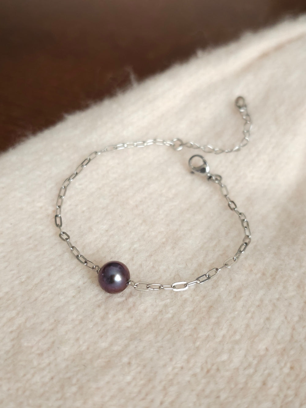 Bracelet Arya perle d'eau douce aubergine et acier inoxydable argenté