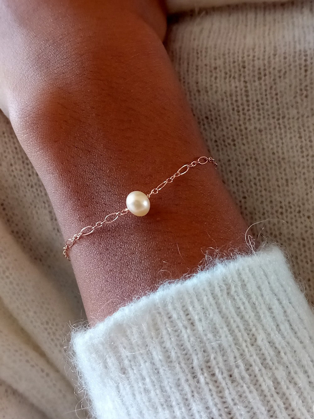 Bracelet Alba rose gold filled et perle de culture pêche mailles alternées