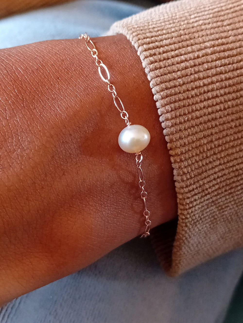 Bracelet Alba rose gold filled et perle de culture pêche mailles alternées