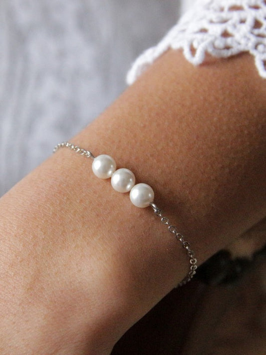 PARURE DE MARIAGE - Collier de dos, bracelet trio de perles, boucles d'oreilles pendantes
