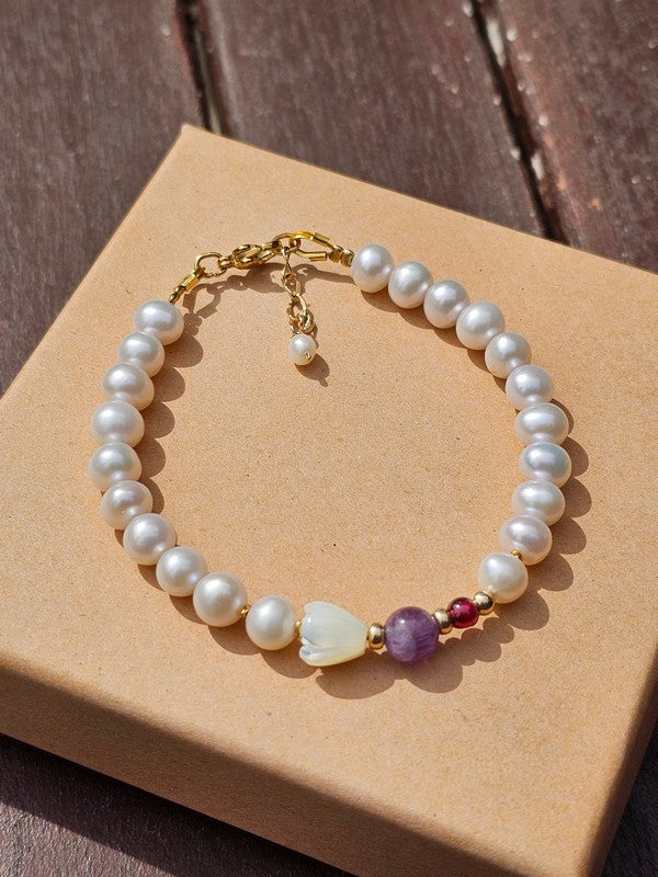 Bracelet Avalon perle de culture d'eau douce, jacinthe en nacre et améthyste