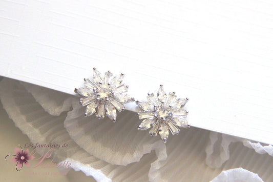 Clips d'oreilles mariage non percées strass, boucles d'oreilles mariage flocon fleur des neiges - Prêt à porter