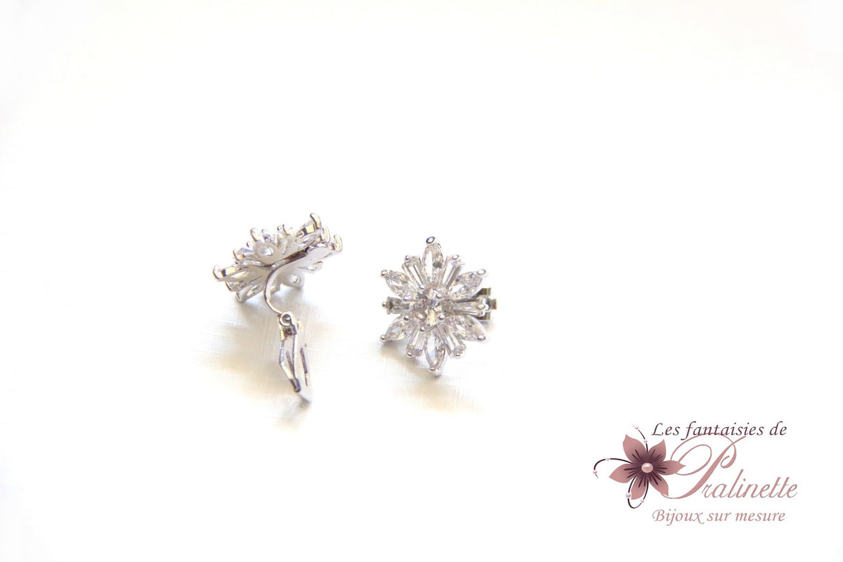 Clips d'oreilles mariage non percées strass, boucles d'oreilles mariage flocon fleur des neiges - Prêt à porter