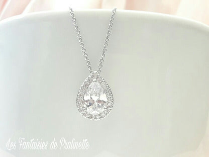 Nérine pendentif collier de mariage cabochon oxydes de zirconium serti et strass sur fine chaine - Prêt à porter