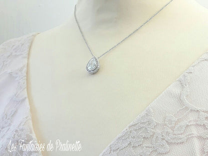 Nérine pendentif collier de mariage cabochon oxydes de zirconium serti et strass sur fine chaine - Prêt à porter