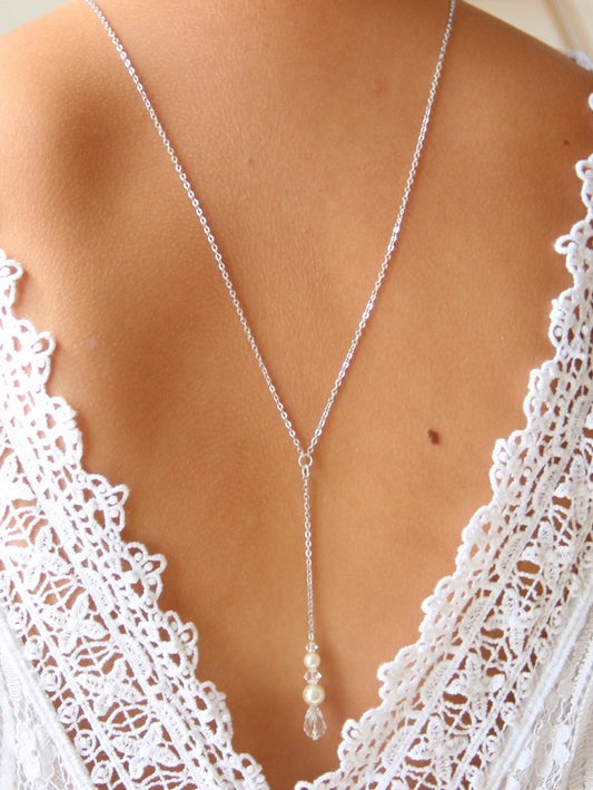 Helvy Collier bijoux mariage de dos pendant goutte en cristal