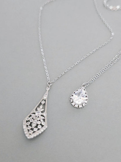 Collier mariage de dos argenté oxydes de zirconium losange allongé  - Prêt à porter