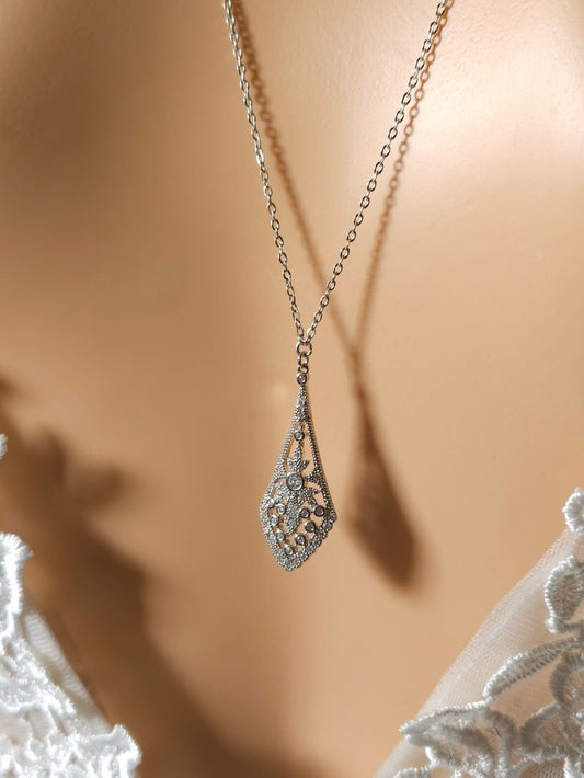 Collier mariage de dos argenté oxydes de zirconium losange allongé  - Prêt à porter
