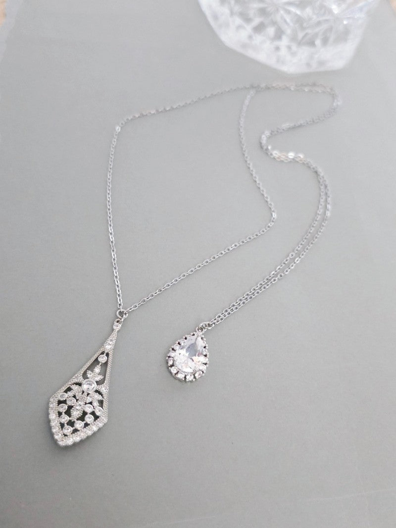 Collier mariage de dos argenté oxydes de zirconium losange allongé  - Prêt à porter