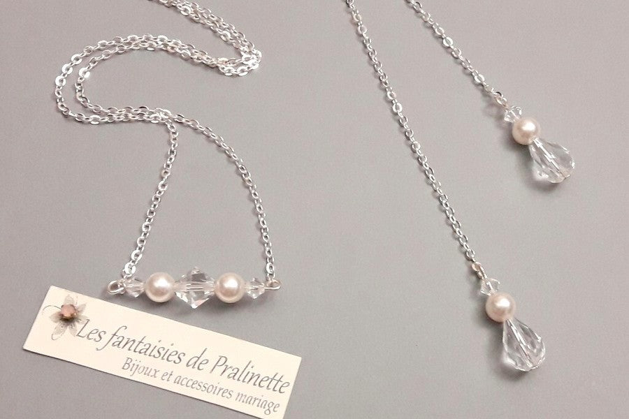 Collier mariage de dos deux pendants et gouttes en cristal