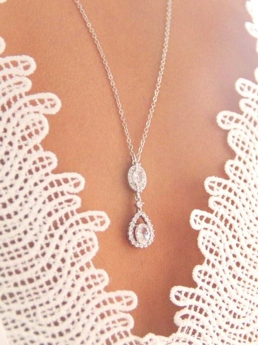 Collier mariage de dos Luciana goutte en zirconium, collier de dos argenté