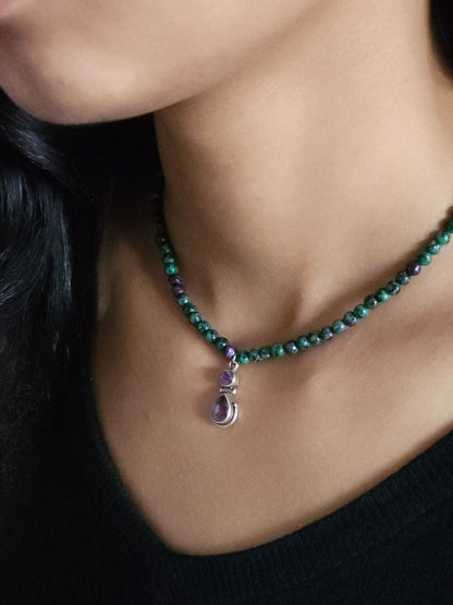 Collier tour de cou rubis zoïsite et pendentif améthyste