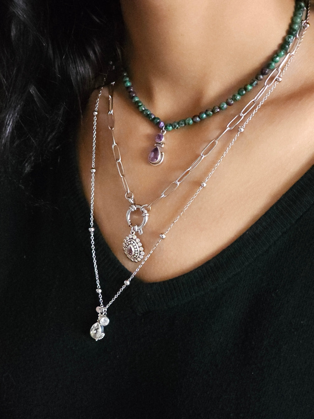 Collier goutte améthyste porte-bonheur