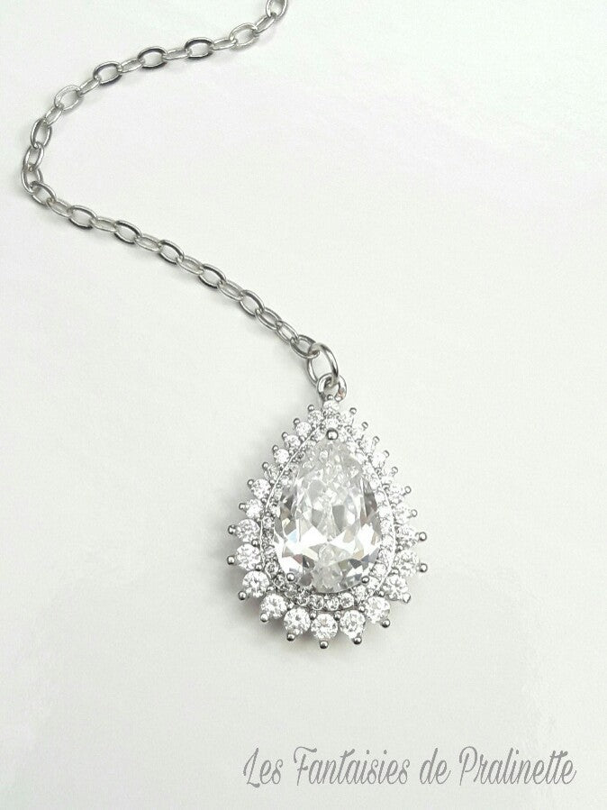 Dentelle bijou de dos mariage goutte sertie et strass, pendentif oxyde de zirconium, bijou de dos mariée