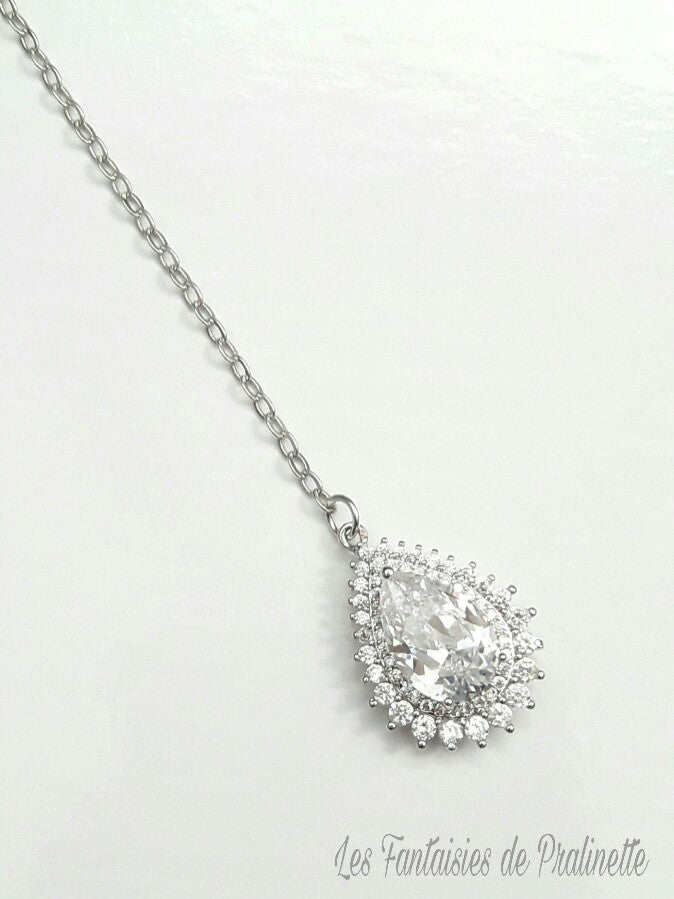 Dentelle bijou de dos mariage goutte sertie et strass, pendentif oxyde de zirconium, bijou de dos mariée