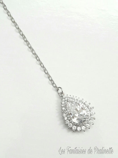 Dentelle bijou de dos mariage goutte sertie et strass, pendentif oxyde de zirconium, bijou de dos mariée