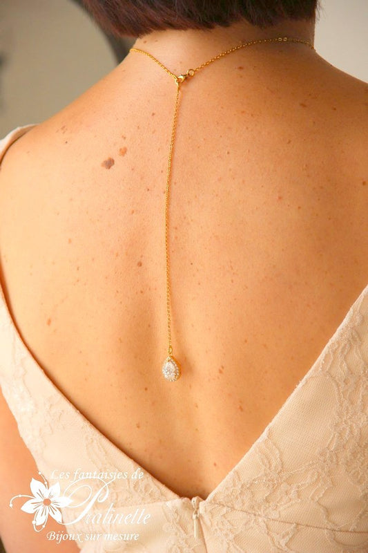 Dorisse bijoux de dos mariage goutte sertie et strass, pendentif cristal zircon, bijou de dos mariée