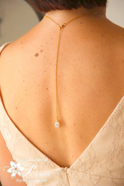 Dorisse bijoux de dos mariage goutte sertie et strass, pendentif cristal zircon, bijou de dos mariée