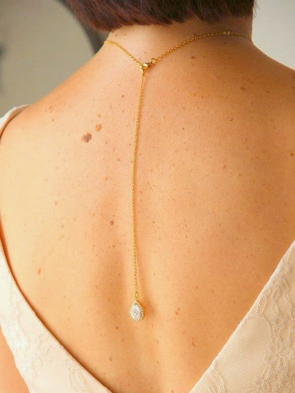 Dorisse bijoux de dos mariage goutte sertie et strass, pendentif cristal zircon, bijou de dos mariée