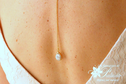 Dorisse bijoux de dos mariage goutte sertie et strass, pendentif cristal zircon, bijou de dos mariée