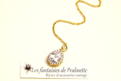 Dorisse bijoux de dos mariage goutte sertie et strass, pendentif cristal zircon, bijou de dos mariée