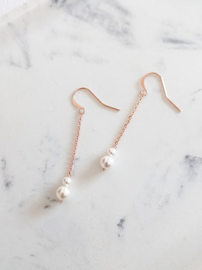 Elise rose gold filled boucles d'oreilles mariée duo de perles